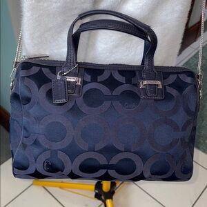 Coach Taylor Satchel crossbody bag, monogram canvas Navy chain added
Silvertone
